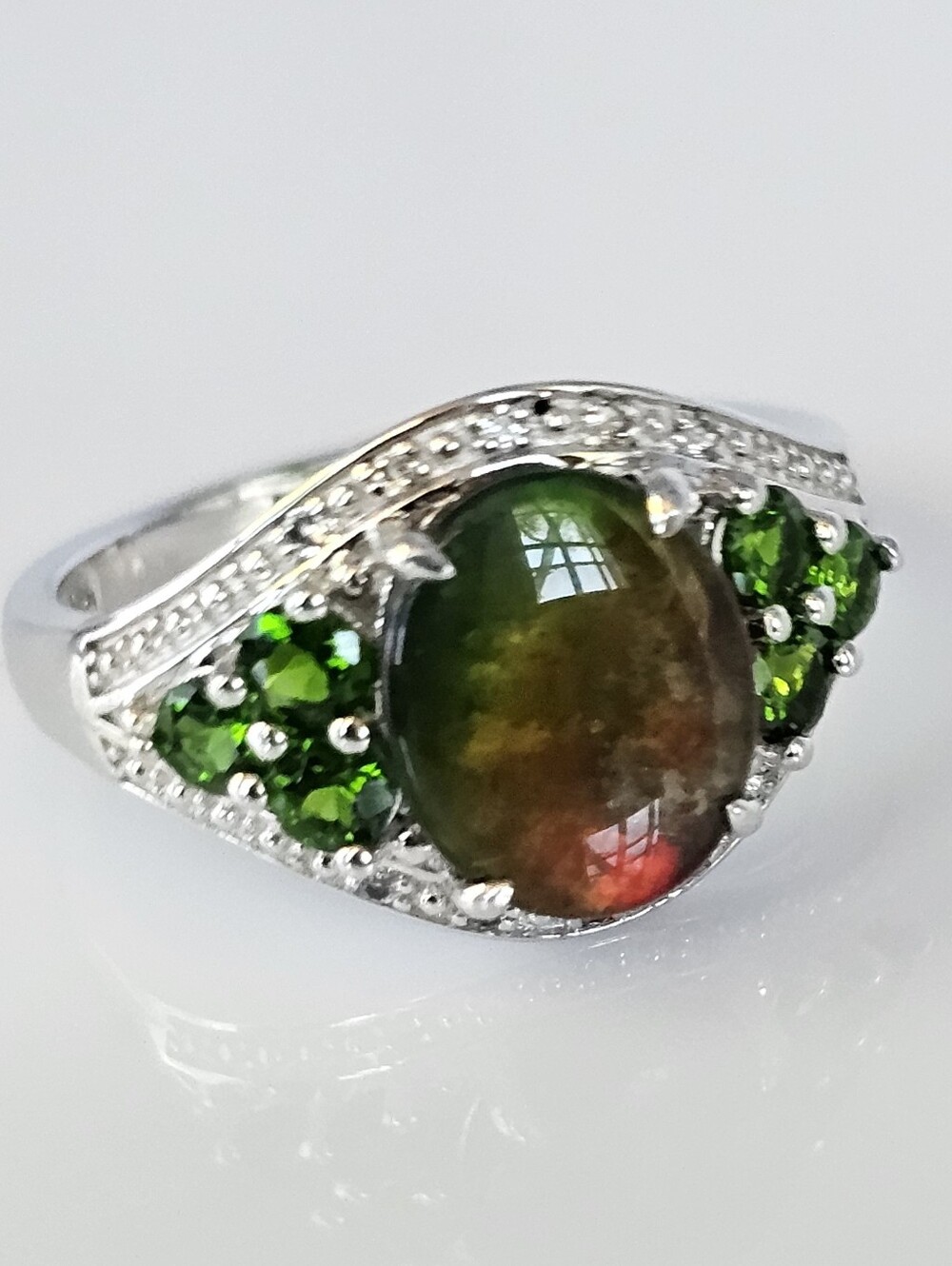 Rare Natural Ammolite & Chrome Diopside Ring in Platinum Overlay. Size 9!